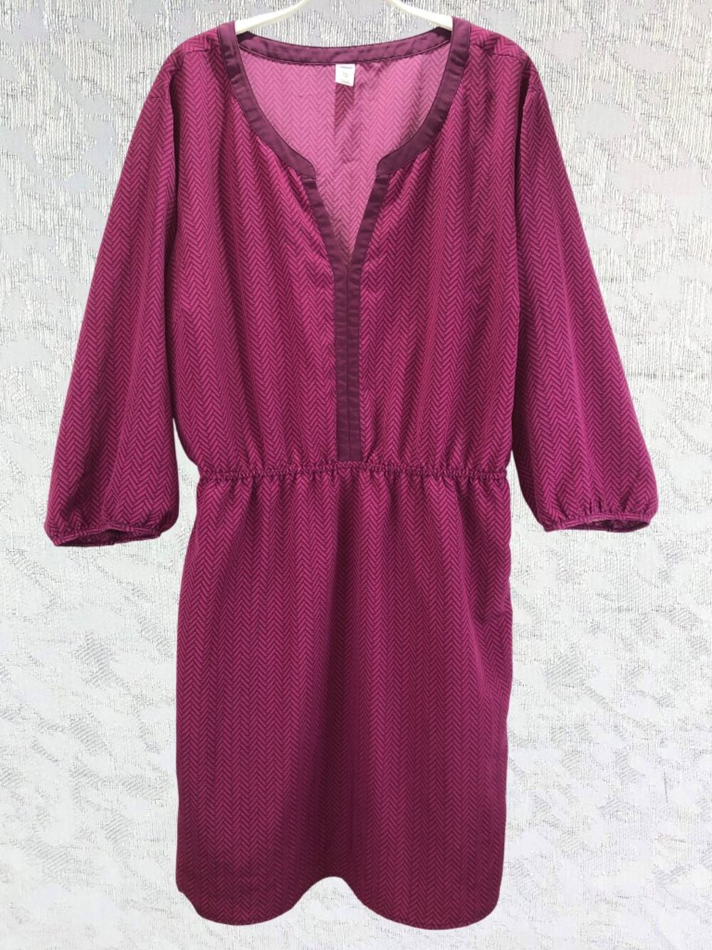 Old Navy Pink Herringbone V-Neck Dress 3/4 Sleeve Flowy Elastic Waist Size XXL